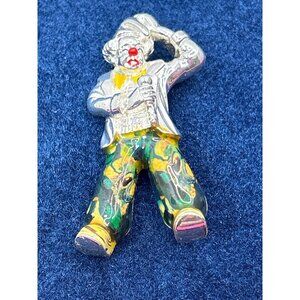 Vintage Enamel Clown Brooch Pin With Multicolor Outfit & Silver Accents